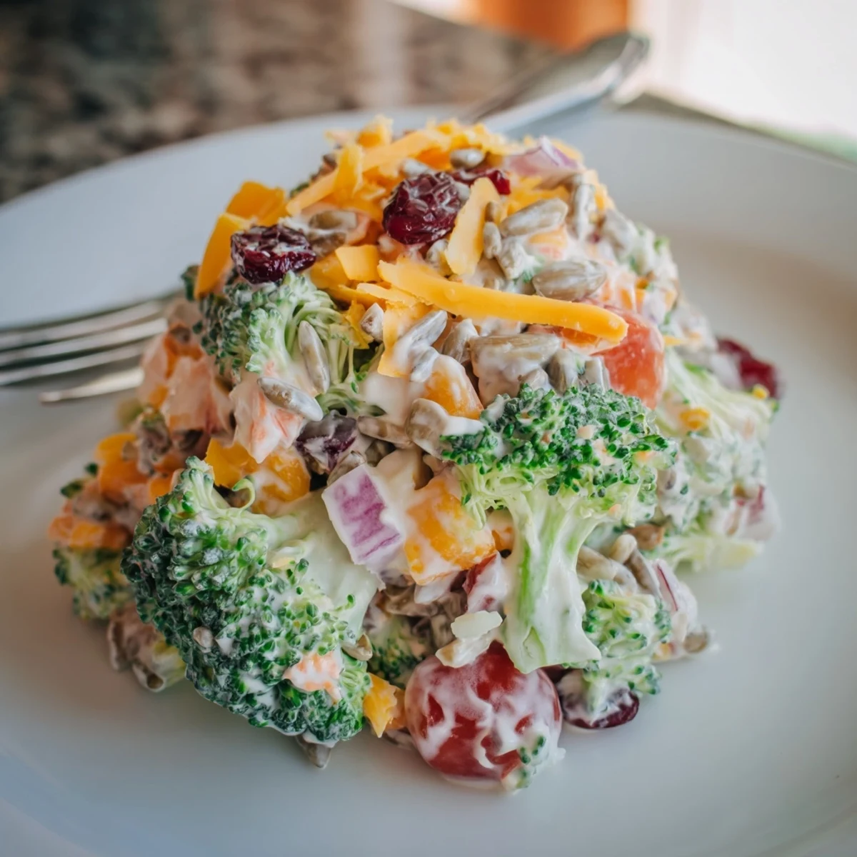 Fresh broccoli salad bowl with crisp florets, dried cranberries, and sunflower seeds in creamy dressing