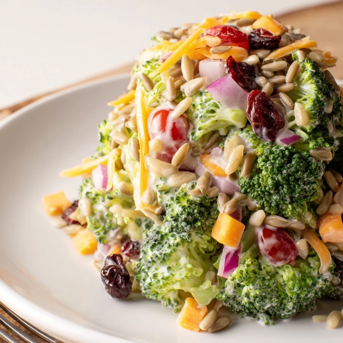 Colorful broccoli salad with tangy yogurt dressing, cheddar cheese, and crunchy vegetables ready for serving