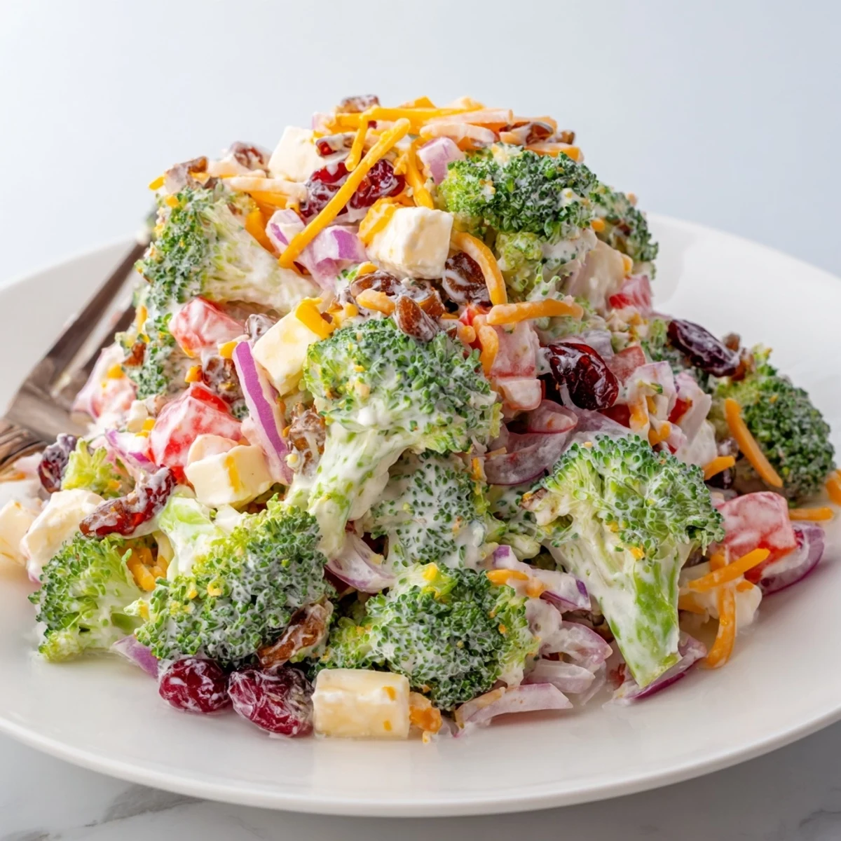 Creamy broccoli salad with roasted sunflower seeds, dried cranberries, and crisp red onion on white plate