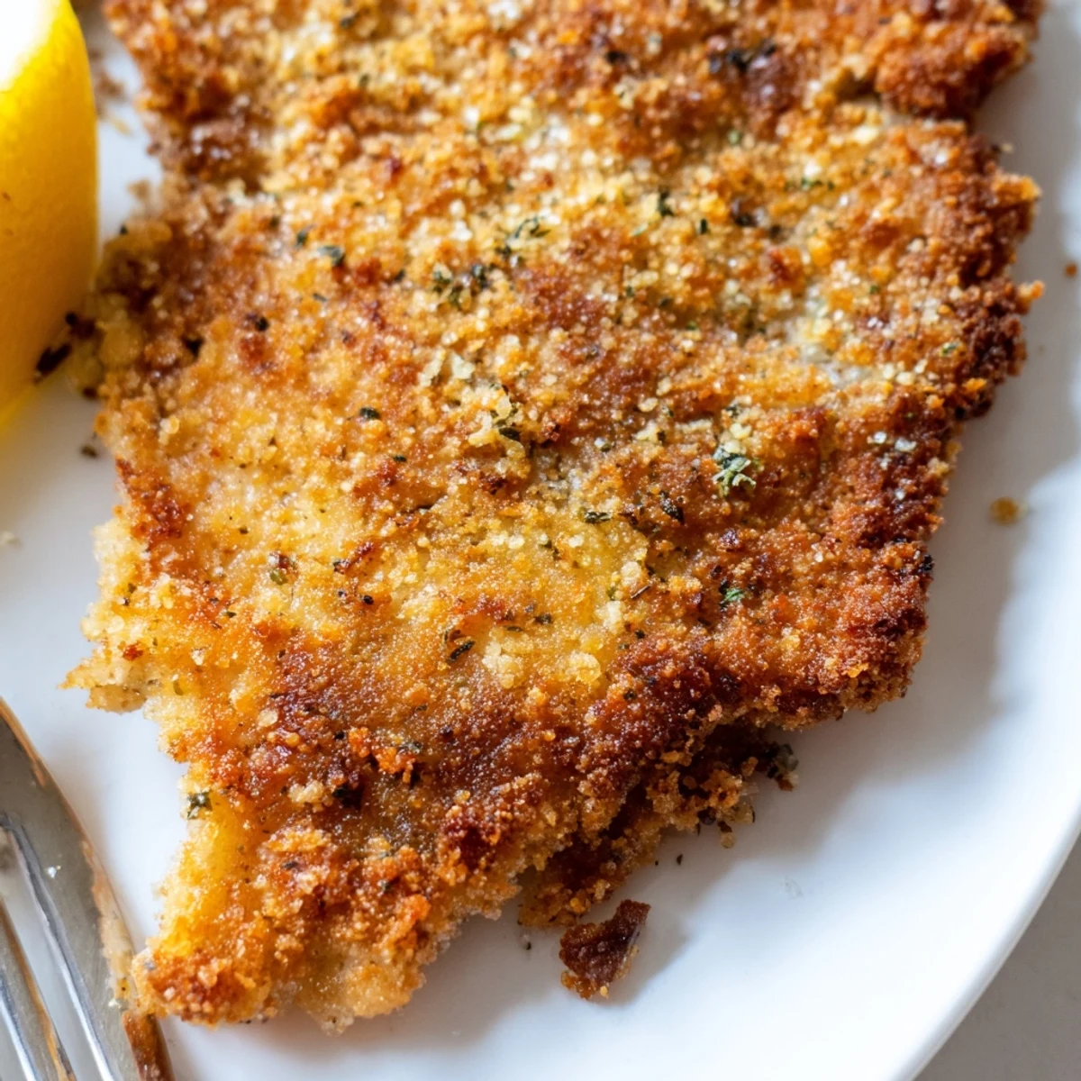 Golden Italian chicken cutlets with crispy Parmesan breadcrumb coating served on white plate