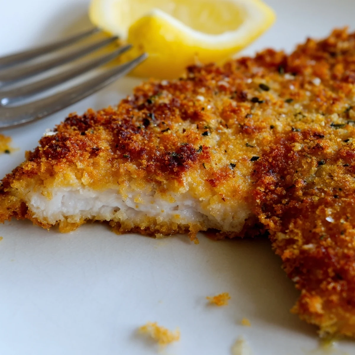 Pan-fried Italian chicken cutlets featuring golden crust and tender meat drizzled with fresh lemon juice