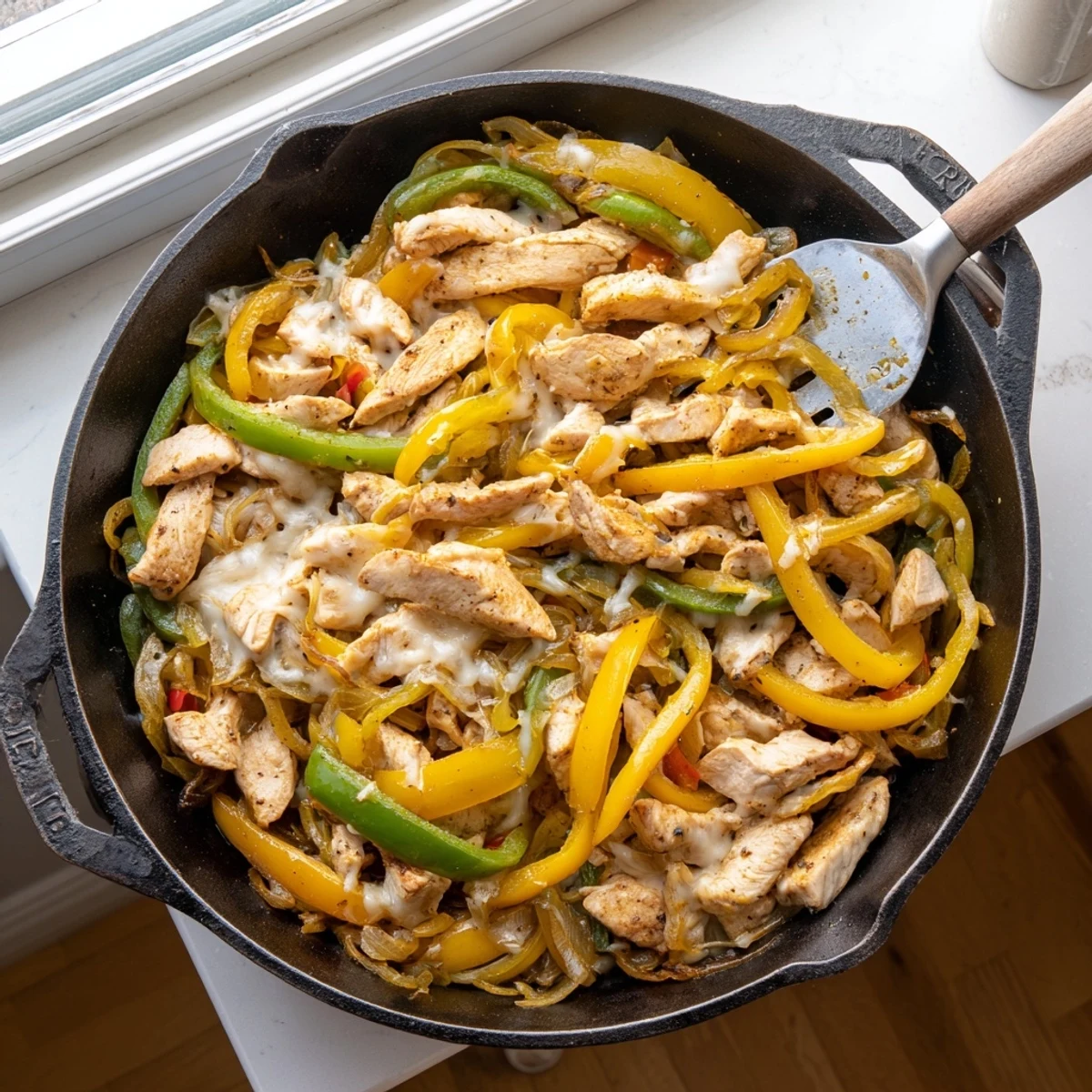Sizzling chicken cheesesteak skillet with melted provolone and colorful peppers in cast iron