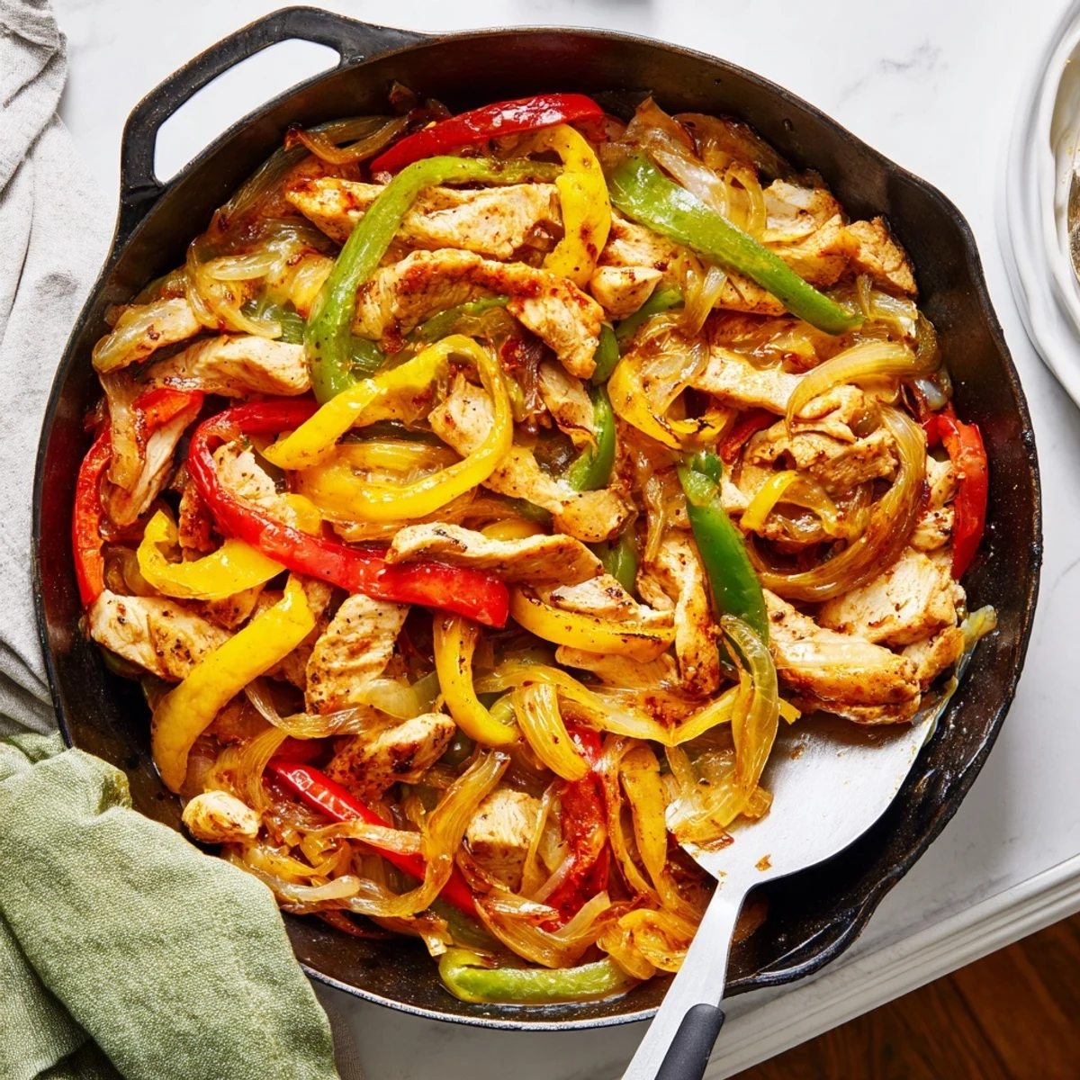 Golden sliced chicken cheesesteak skillet topped with bubbling cheese over caramelized onions and peppers