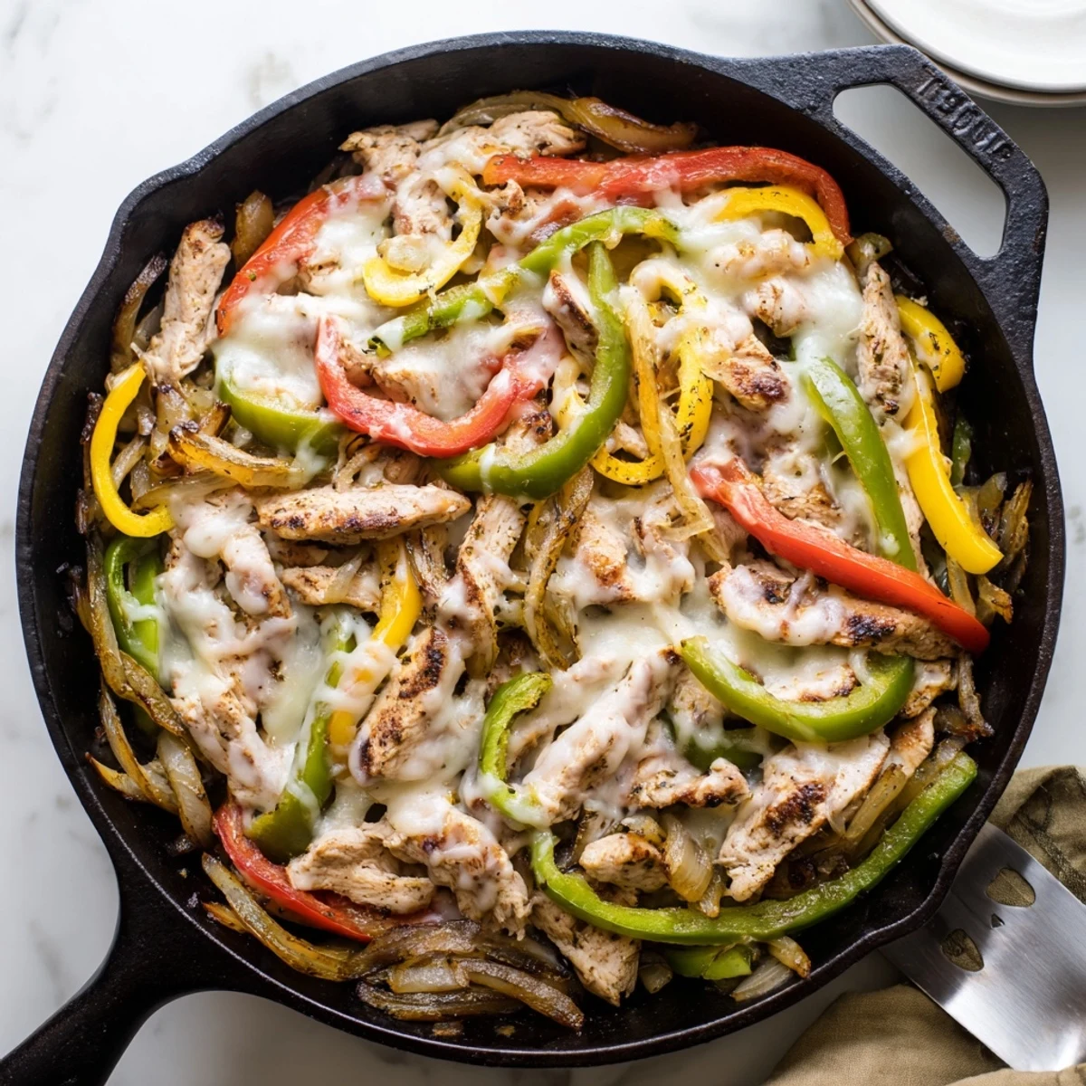 One-pan chicken cheesesteak skillet featuring tender meat peppers onions and melted provolone cheese