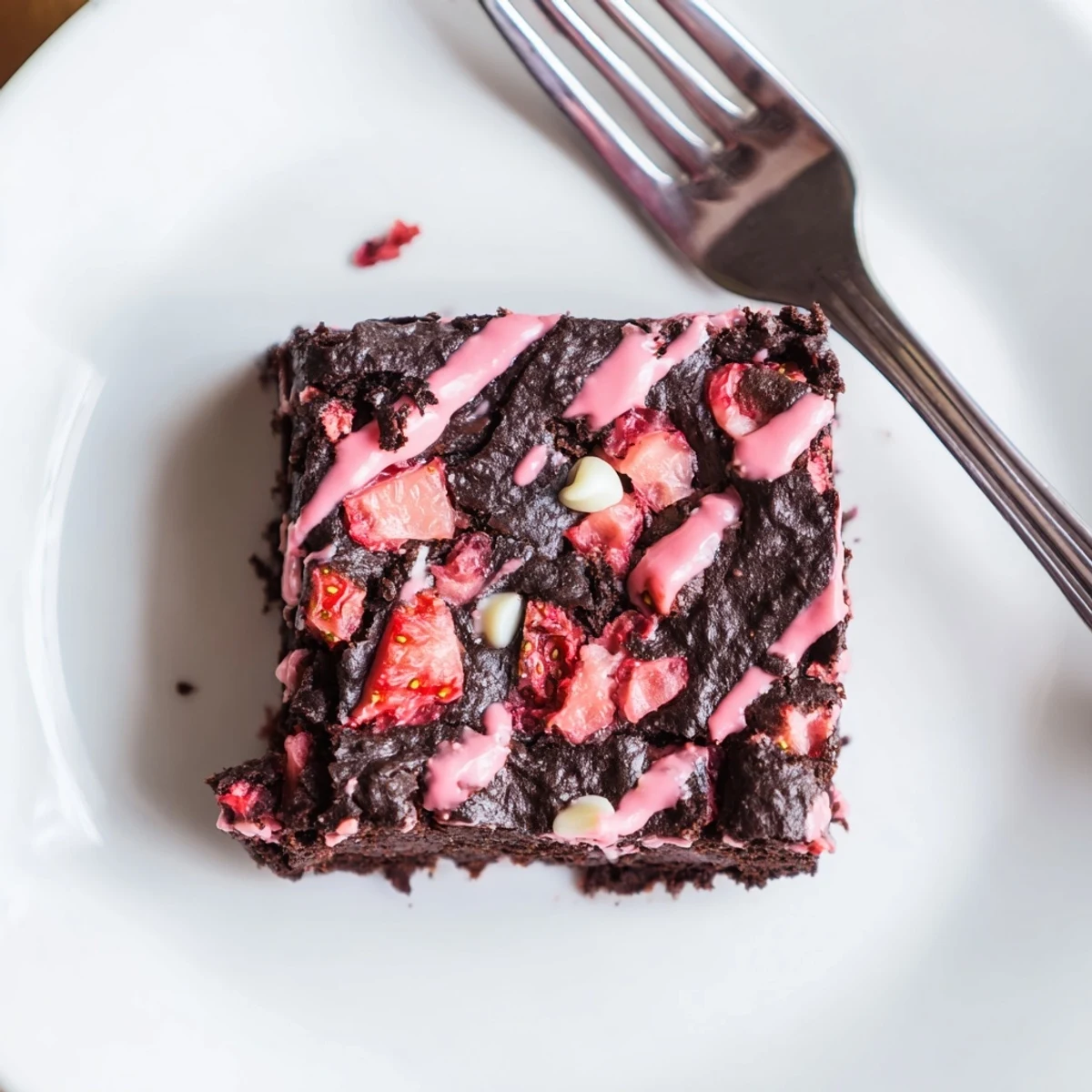 Fudgy homemade easy strawberry brownies with fresh strawberry pieces and glossy pink strawberry glaze drizzle