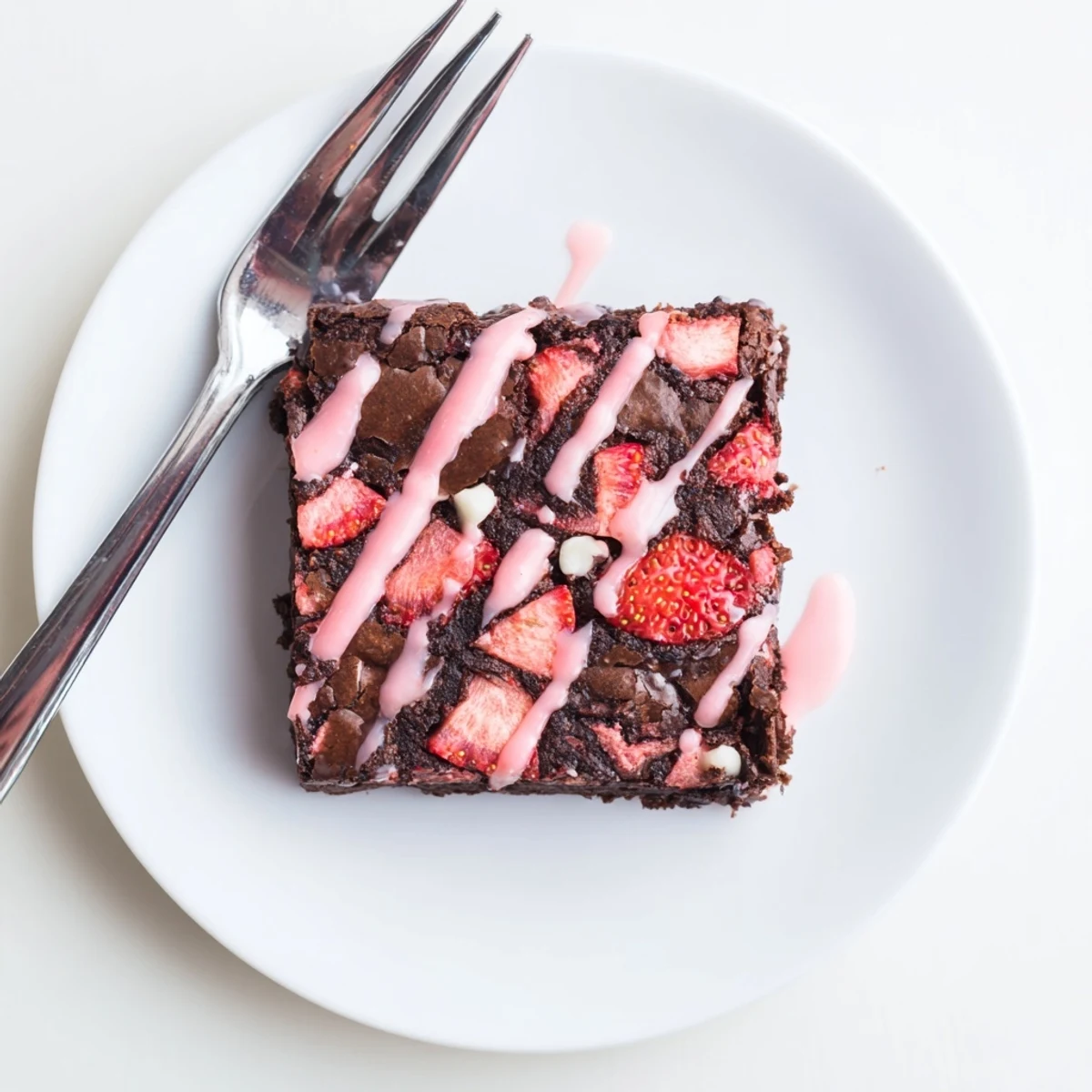 Batch of easy strawberry brownies cooling on wire rack with swirled strawberry glaze topping and fresh strawberry garnish