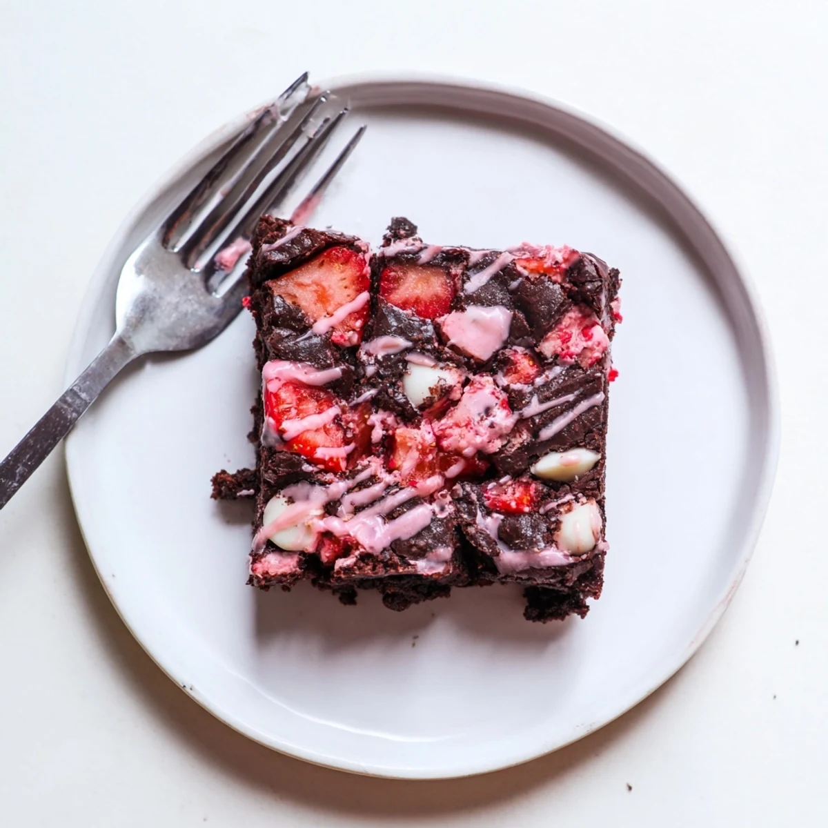 Square slice of easy strawberry brownies featuring moist chocolate interior with chunks of sweet red strawberries