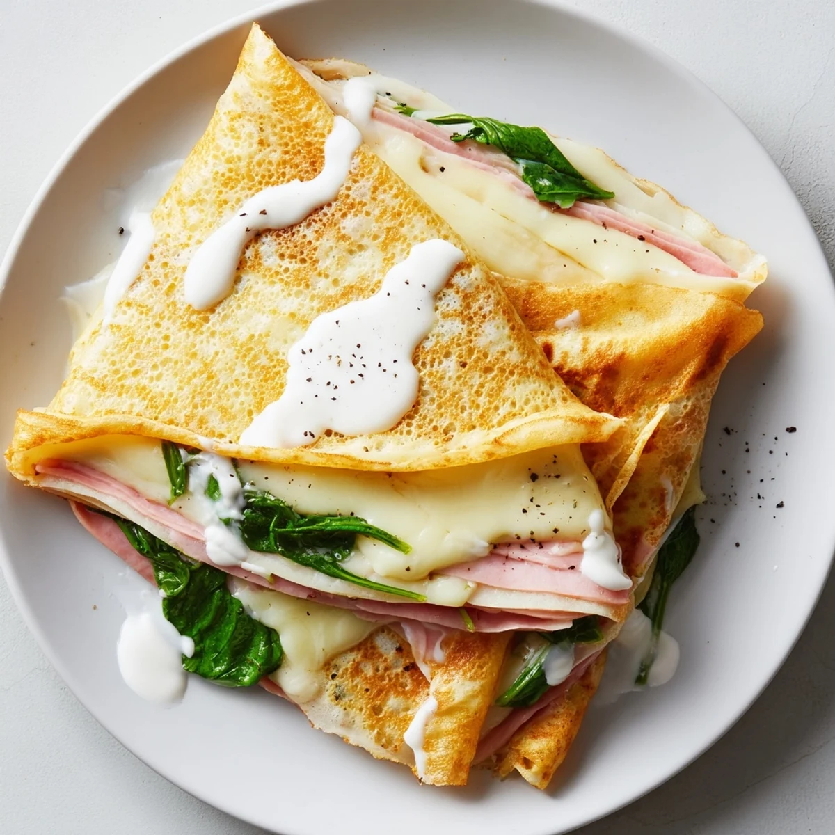 Golden savory crepes filled with melted Gruyère cheese, spinach, and ham, folded into quarters and garnished with fresh green leaves.