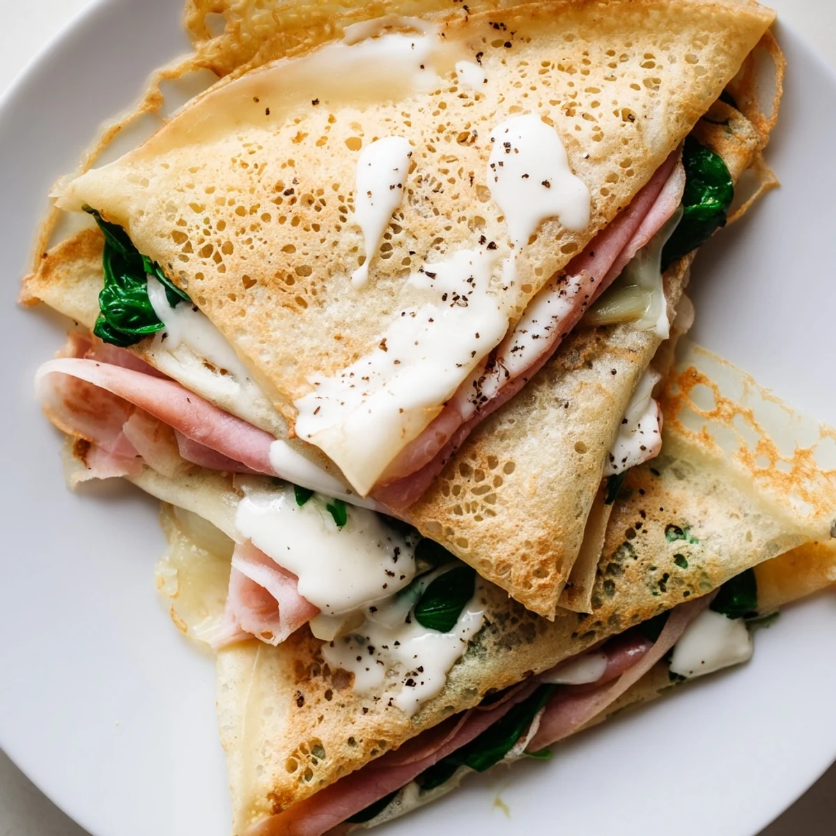 Thin French savory crepes rolled with creamy cheese filling, sliced ham, and tender baby spinach on a white ceramic baking dish.
