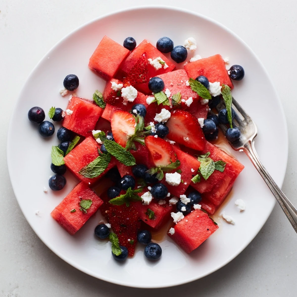 Juicy watermelon cubes and sliced strawberries tossed in tangy honey lime dressing