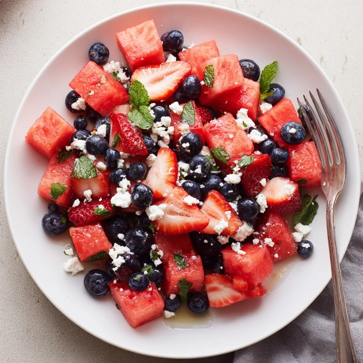 Colorful summer strawberry watermelon salad drizzled with honey lime vinaigrette and fresh mint