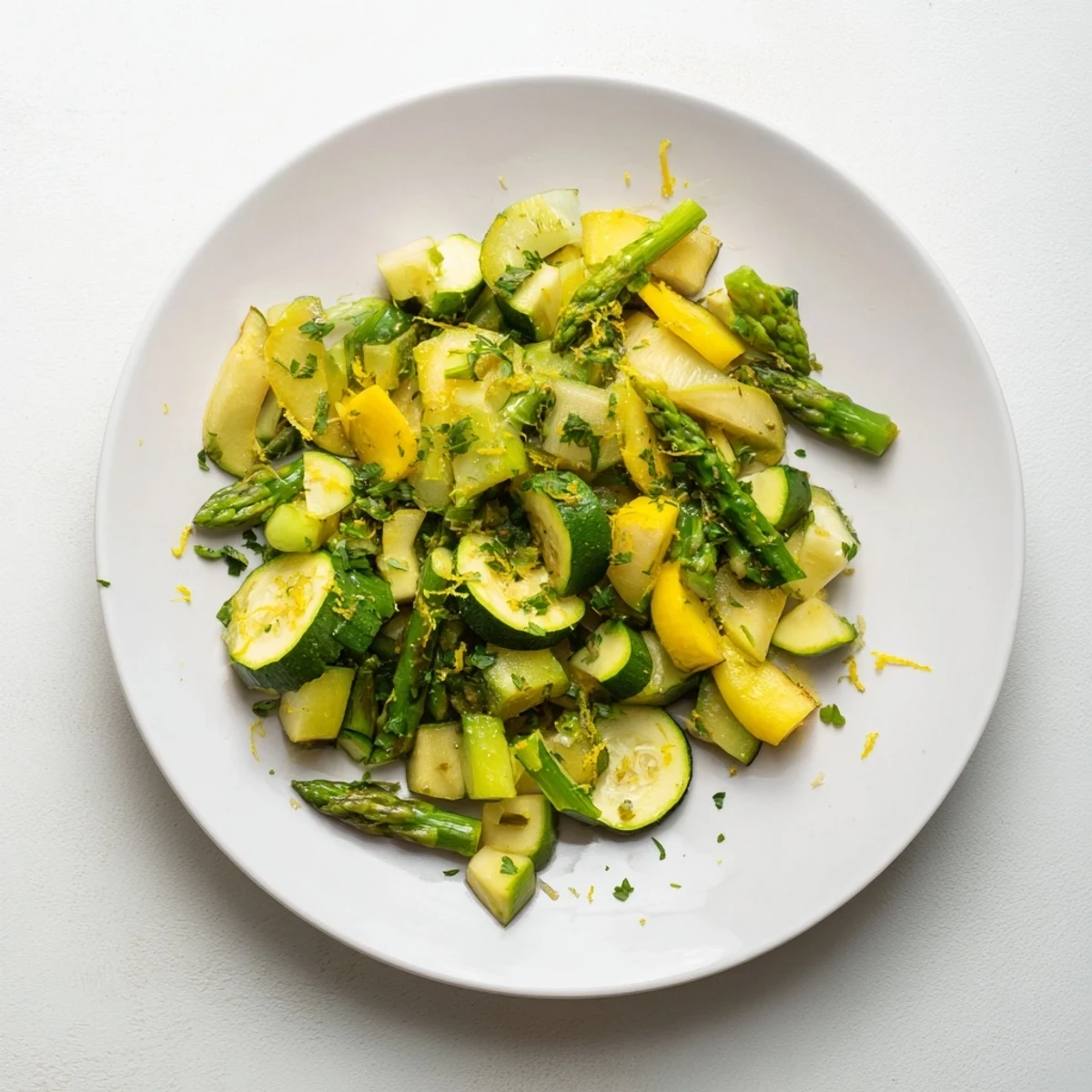 Vibrant vegetable medley showcasing crisp asparagus, zucchini, and squash garnished with fresh parsley