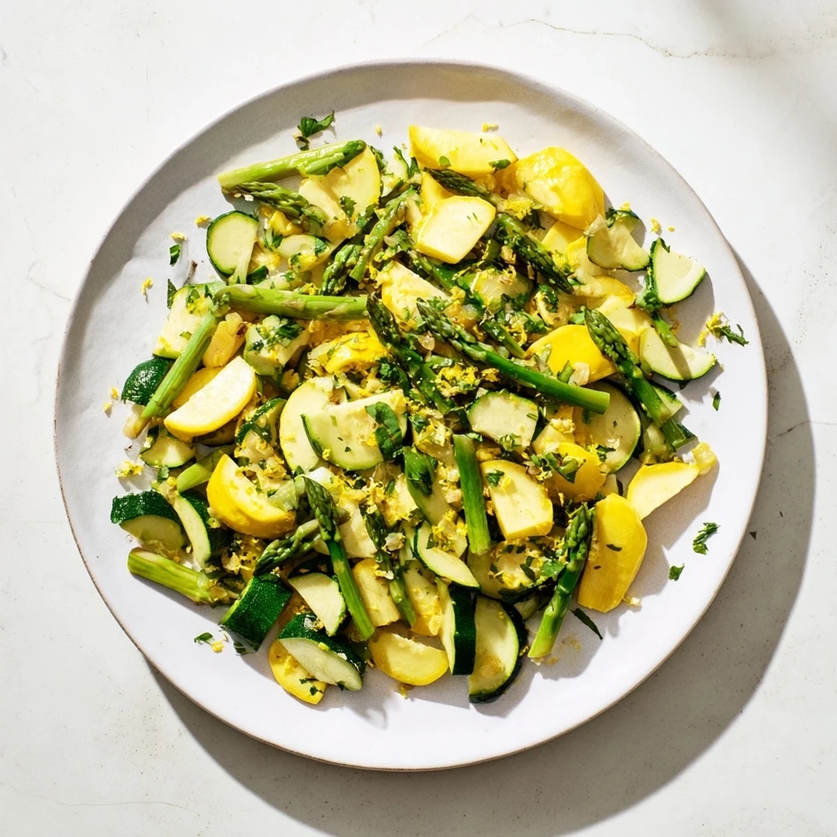 Tender Mediterranean-style asparagus with zucchini and yellow squash seasoned with lemon and aromatic thyme