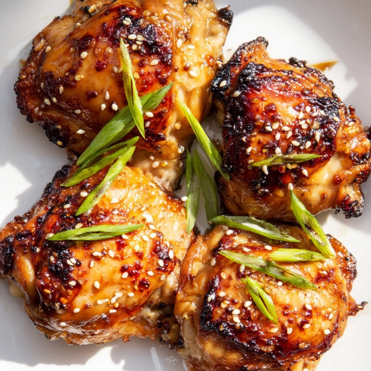 Golden oven-roasted garlic miso chicken thighs glazed with caramelized edges and garnished with fresh spring onions