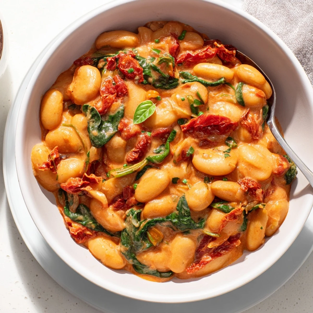 Golden butter beans swimming in tangy Greek yogurt tomato sauce topped with vibrant green herbs