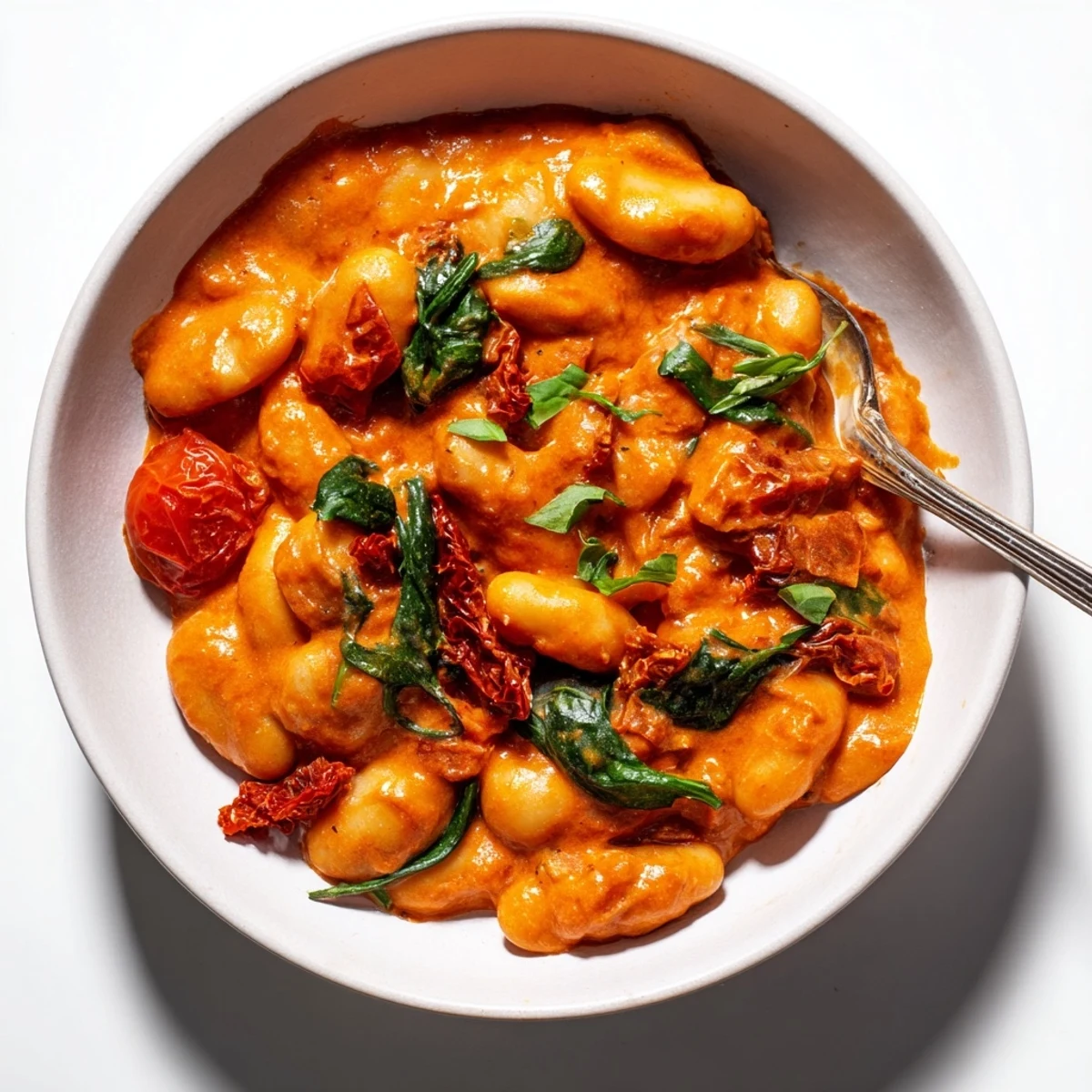 Creamy Greek yogurt marry me butter beans in a rich tomato sauce with fresh basil