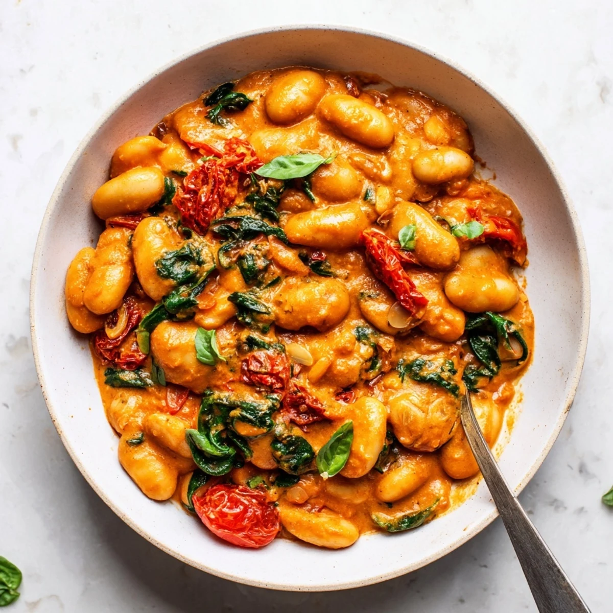 Savory Mediterranean butter beans simmered with Greek yogurt, sun-dried tomatoes, and wilted spinach leaves