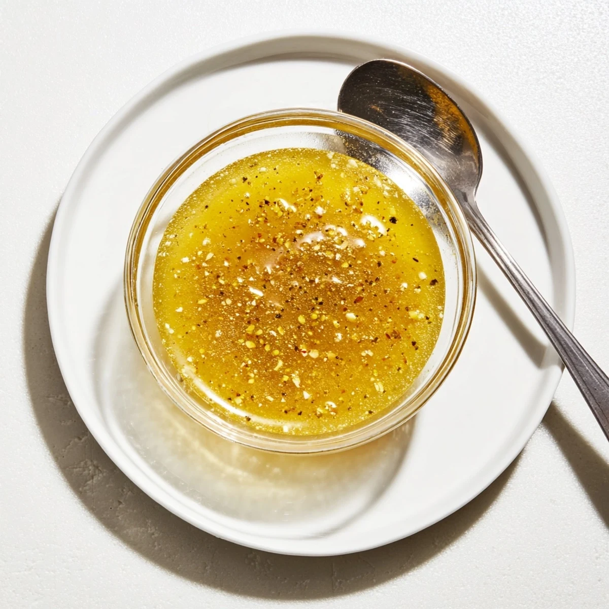 Golden honey lemon vinaigrette drizzled over fresh mixed greens in a white bowl