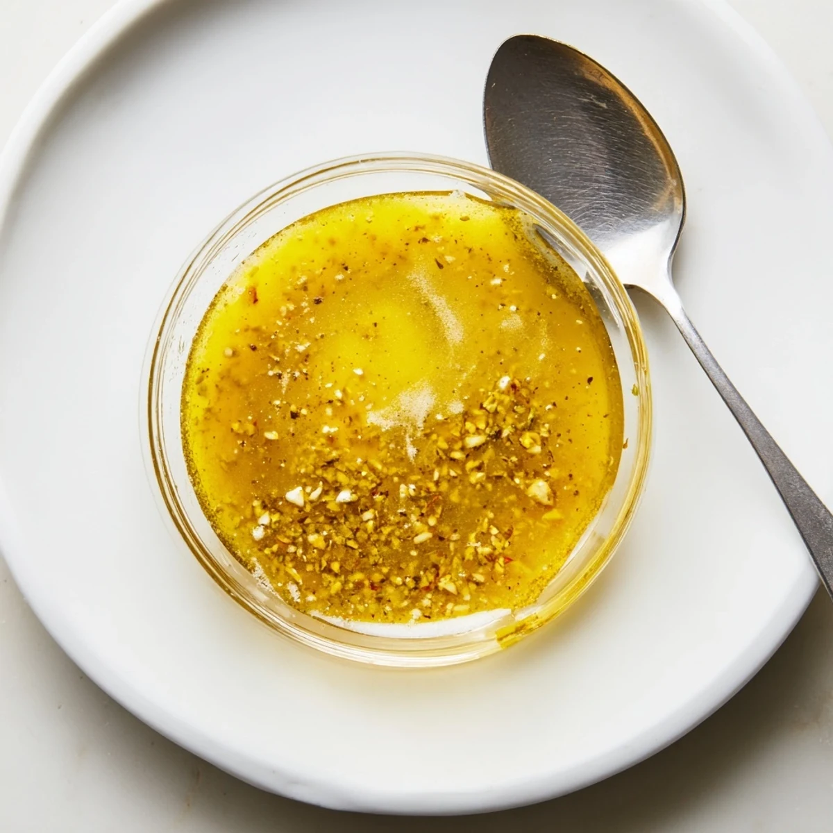 Tangy honey lemon vinaigrette emulsion with oil droplets suspended in a clear glass jar