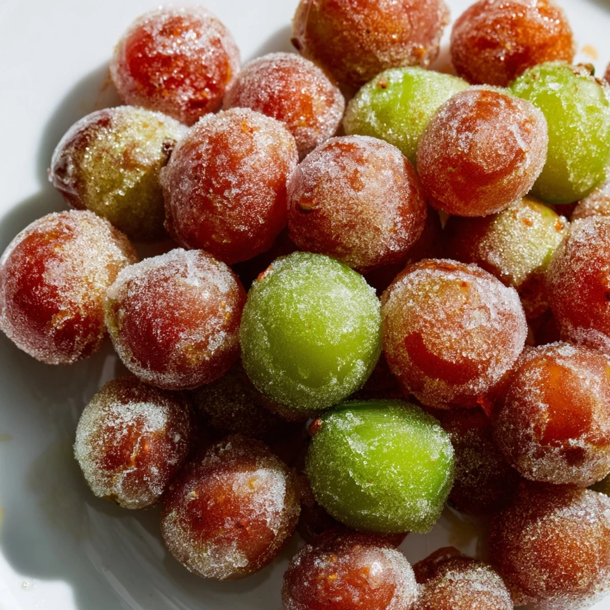Frozen Tajín grapes coated in spicy red seasoning and fresh lime juice arranged on a white plate