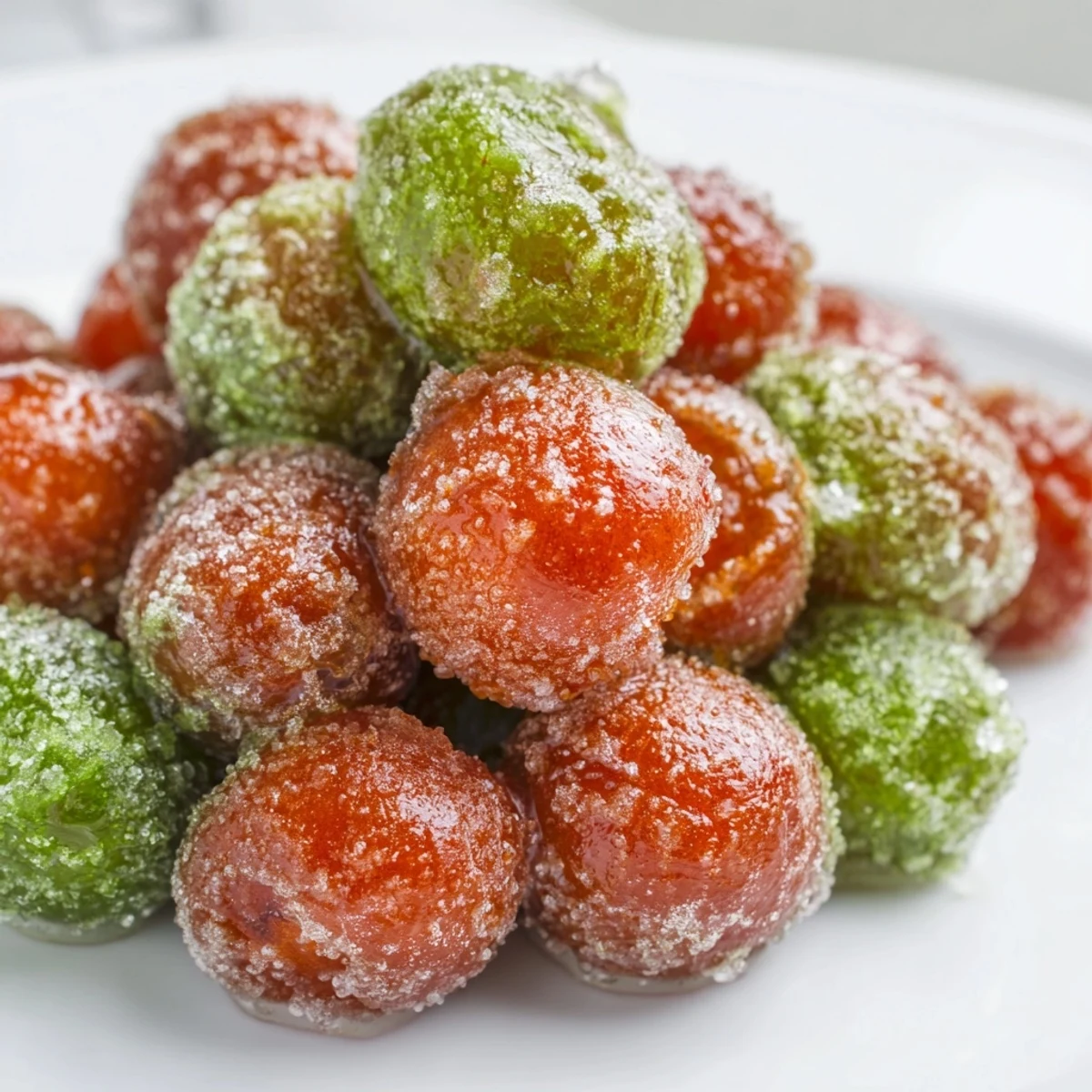 Green grapes dusted with Tajín chilli lime powder resting on a parchment-lined baking sheet before freezing