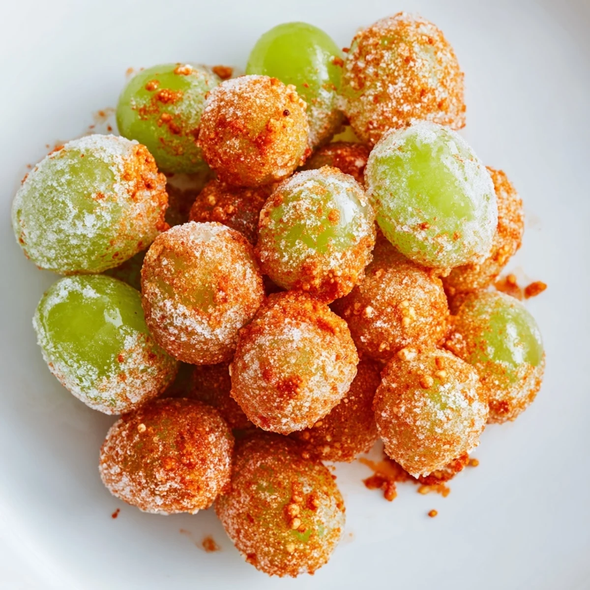 Refreshing bowl of frozen Tajín grapes with tangy lime and red spice coating ready to serve