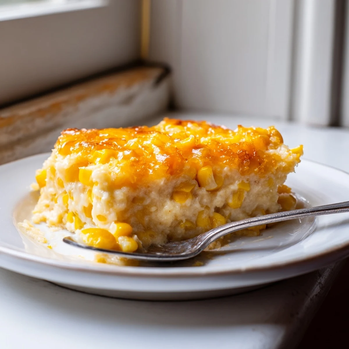 Golden honey glazed corn casserole with a caramelized top and tender kernels baked in creamy custard