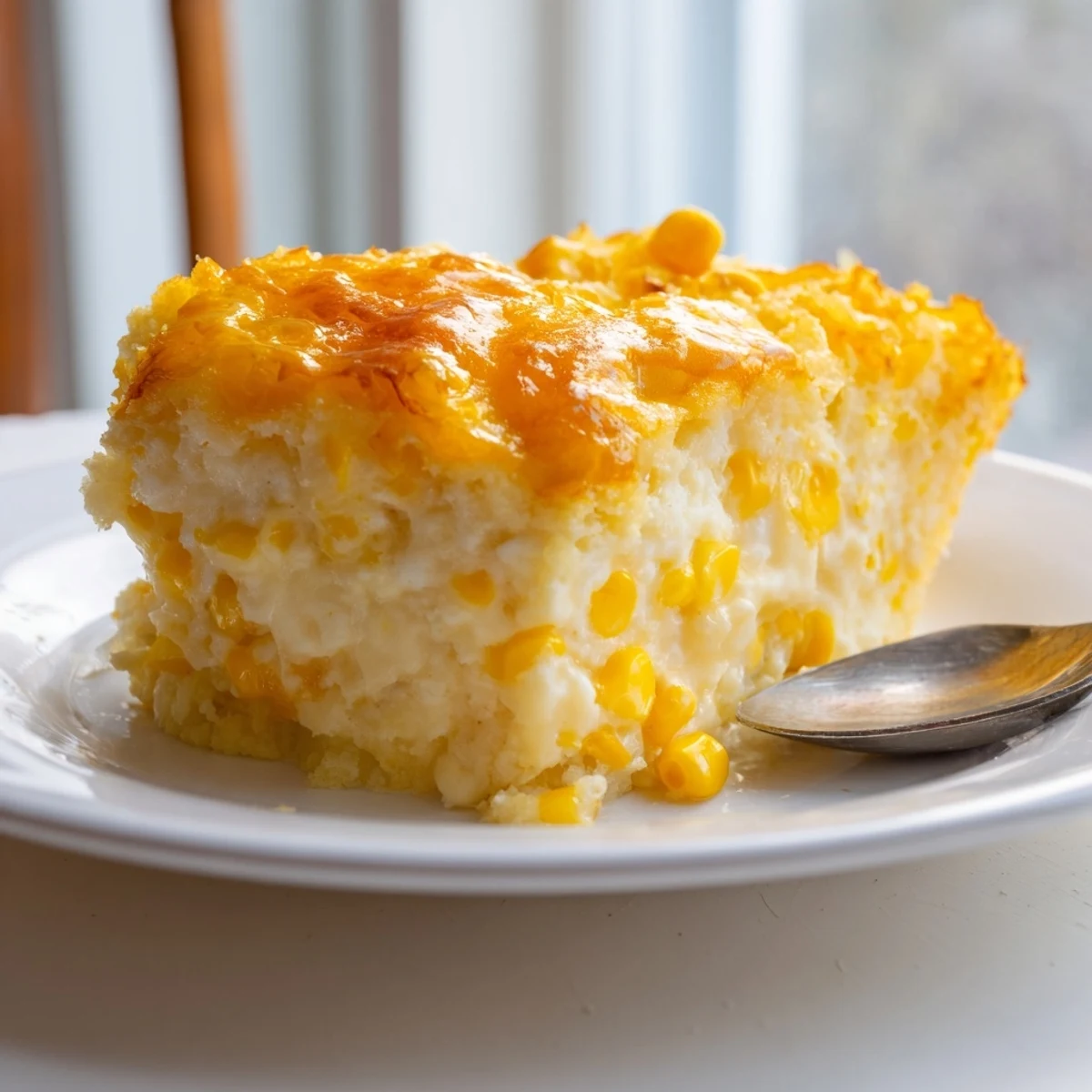Creamy honey glazed corn casserole featuring golden brown cheesy crust and fresh sweet corn kernels in a baking dish
