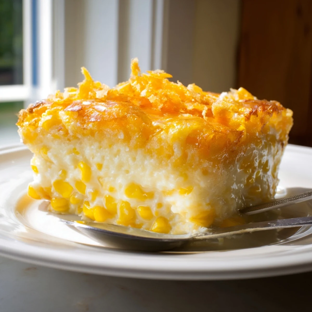 Honey glazed corn casserole freshly baked with gooey melted cheddar and glistening honey caramelized surface on a white serving plate