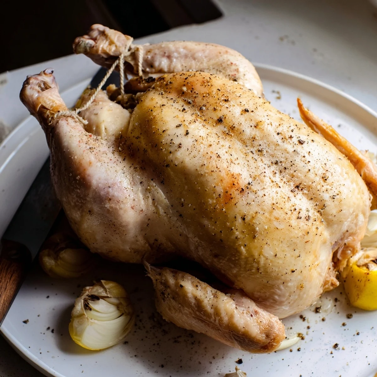 Golden whole rotisserie chicken with crispy seasoned skin resting on a carving board
