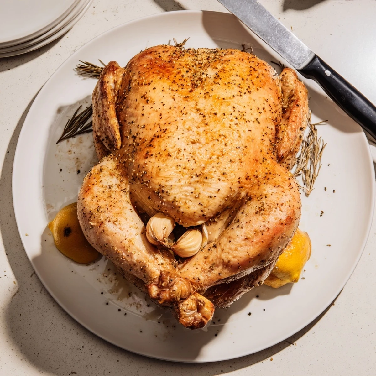 Family-style rotisserie chicken dish with golden brown skin ready for slicing and serving