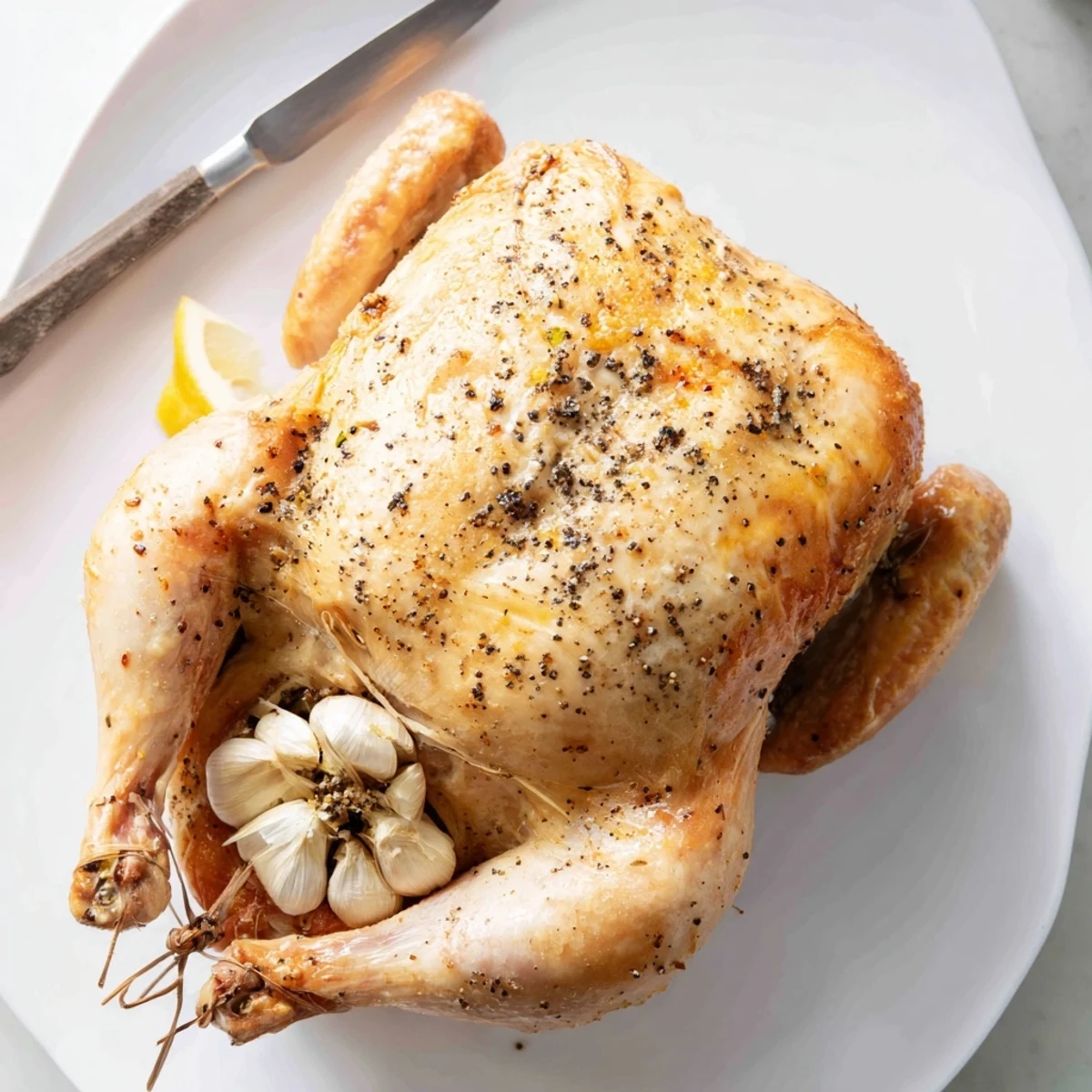 Succulent roasted rotisserie chicken with tender juicy meat and aromatic lemon garlic herbs