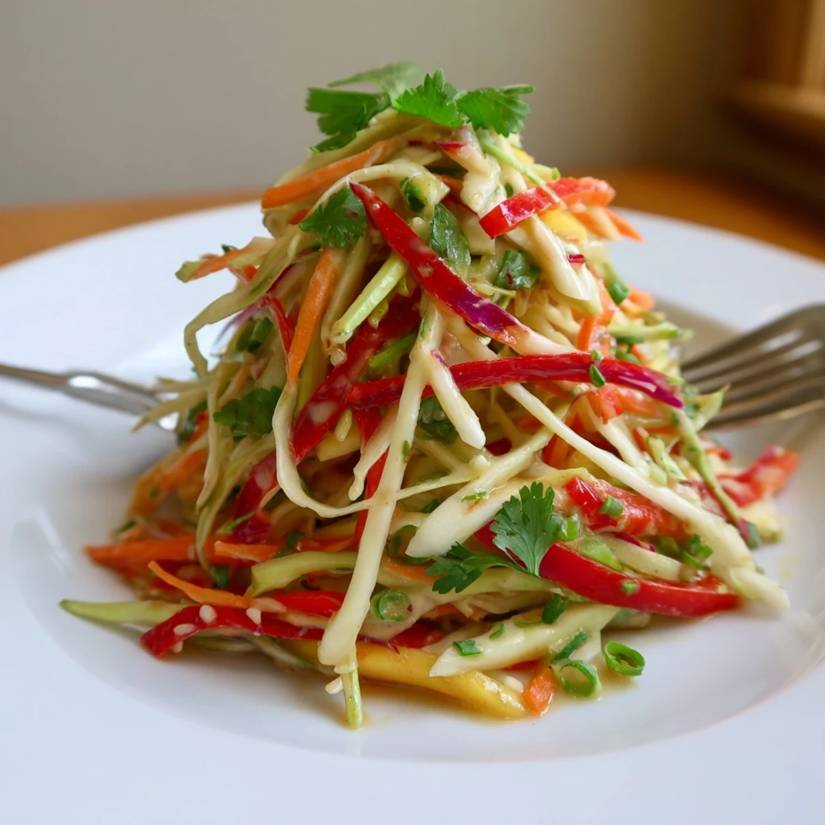 Colorful mango slaw in a white bowl with shredded cabbage and lime dressing on a wooden table