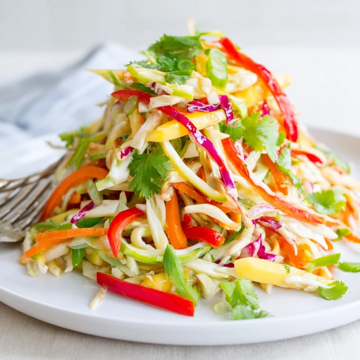 Vibrant mango slaw with colorful vegetables and zesty lime dressing, garnished with green onions and fresh cilantro