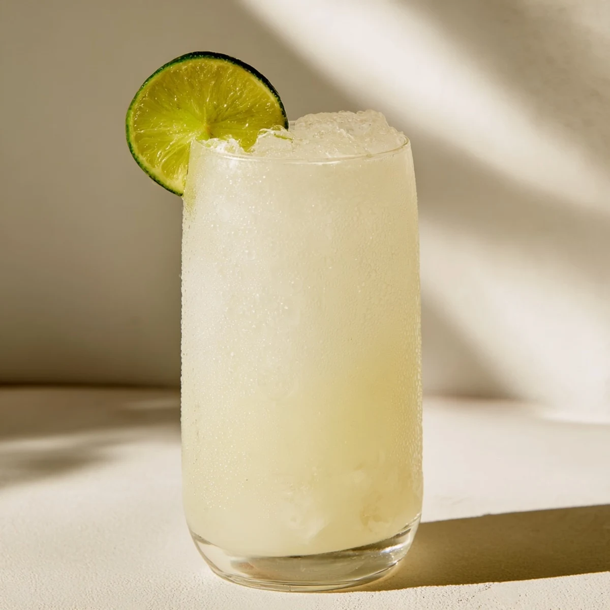 Chilled glass of creamy Brazilian lemonade garnished with fresh lime slices on ice
