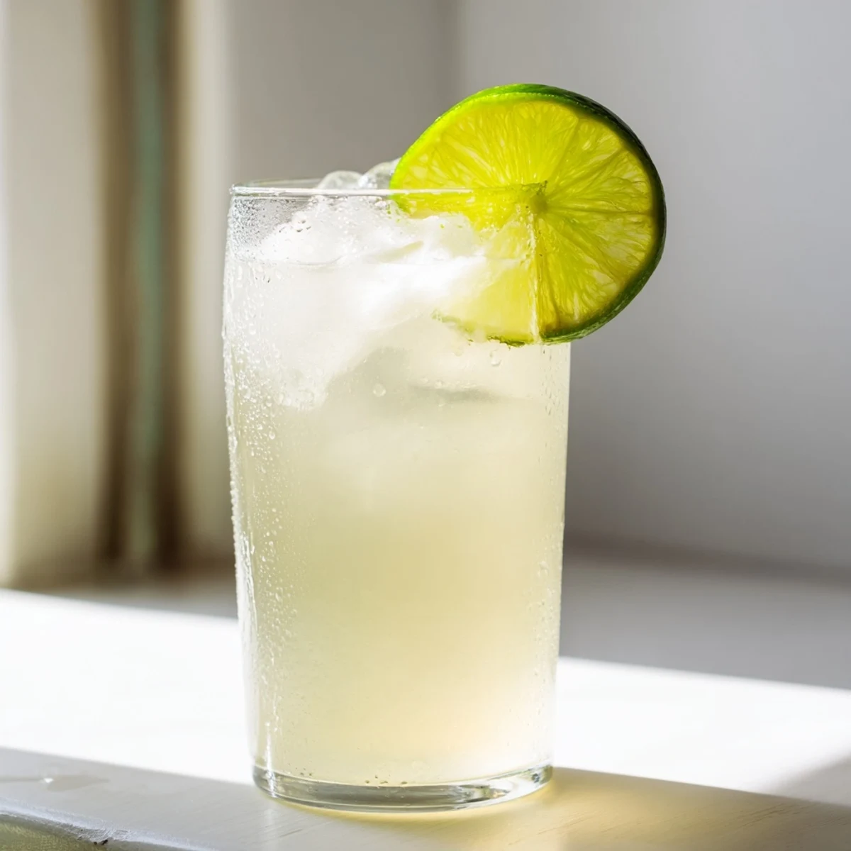 Tall pitcher of refreshing Brazilian lemonade poured over ice with lime wheel garnish