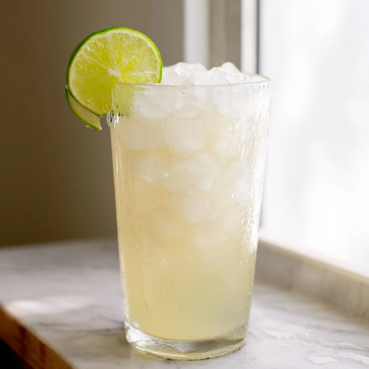 Close up of frothy Brazilian lemonade in clear glass with condensation droplets visible