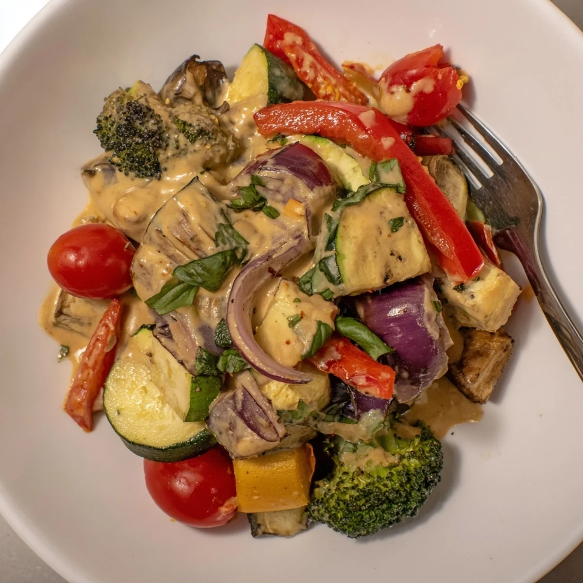 Golden tender vegetables coated in rich sun-dried tomato cream sauce topped with fresh basil