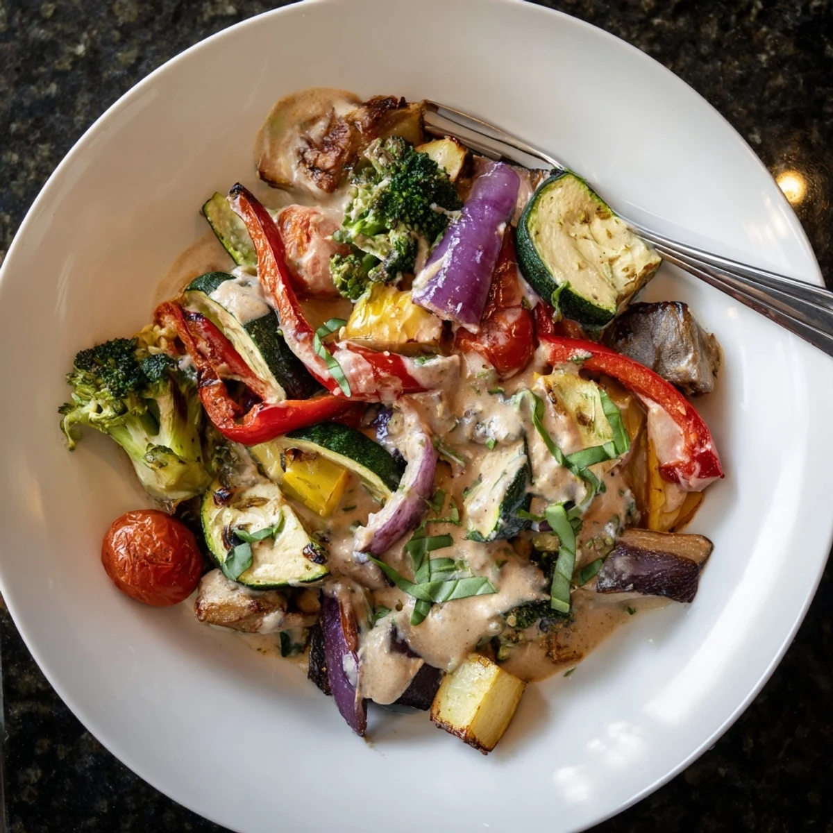 Colorful medley of roasted zucchini peppers and eggplant drizzled with creamy sun-dried tomato sauce