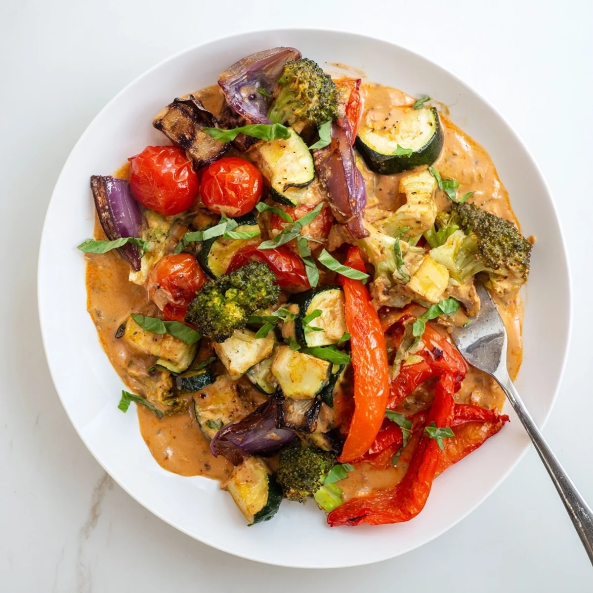 Marry Me roasted vegetable medley featuring caramelized peppers and onions in savory Parmesan cream