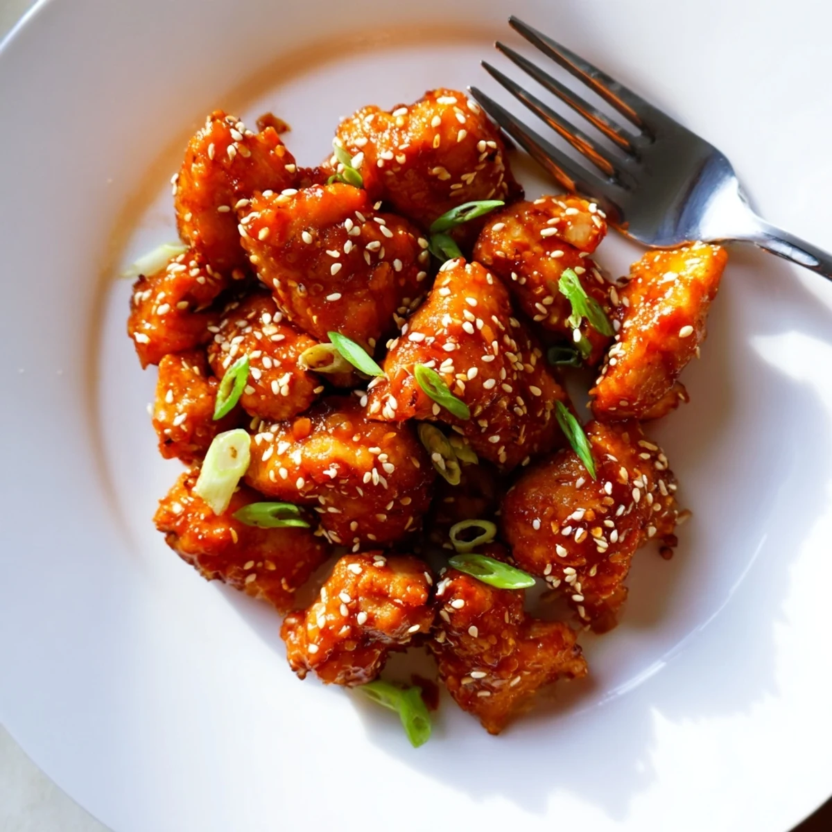 Golden brown chicken pieces glazed in a thick, shiny sweet and spicy chili sauce