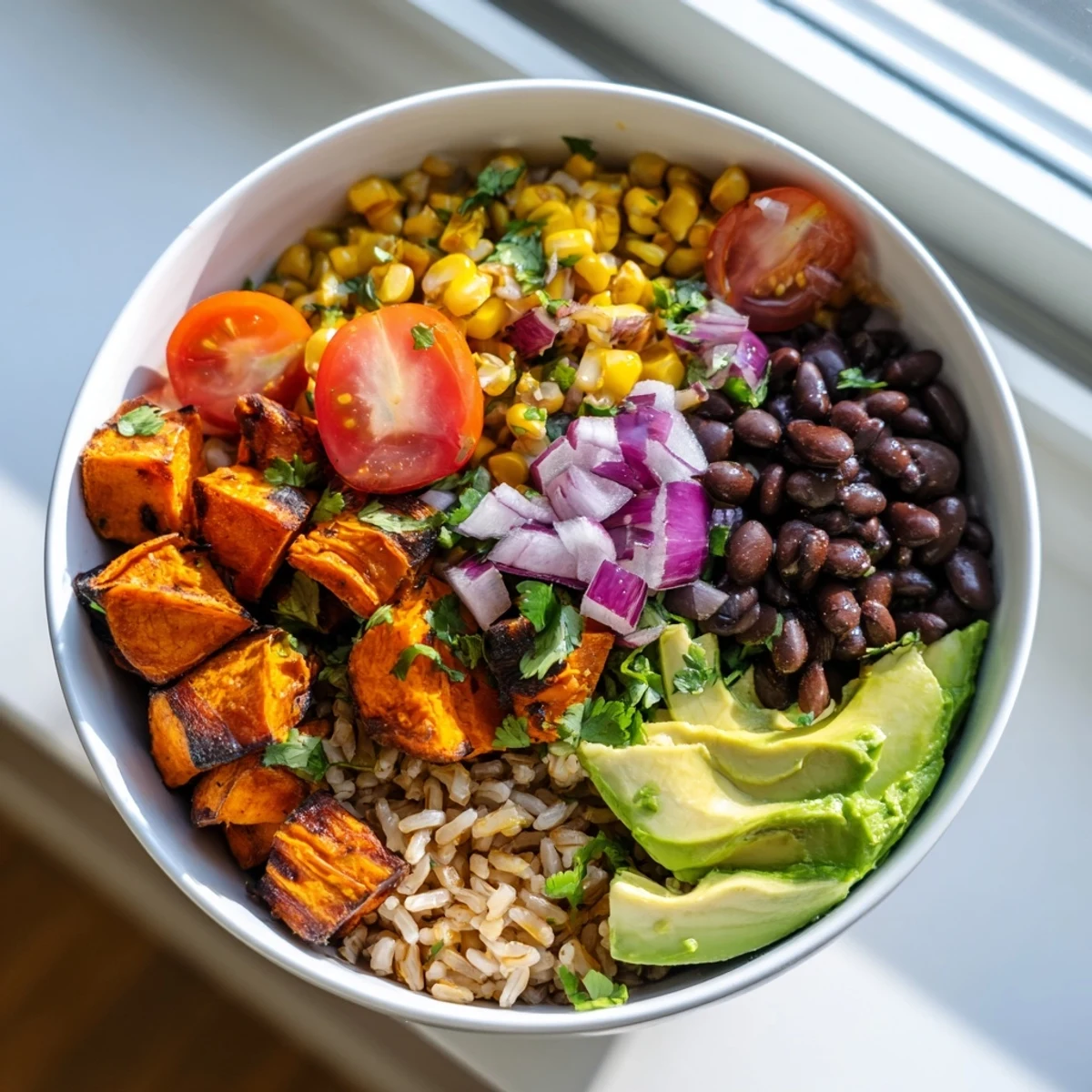 Colorful meal prep vegan sweet potato burrito bowl served with lime avocado and zesty black beans