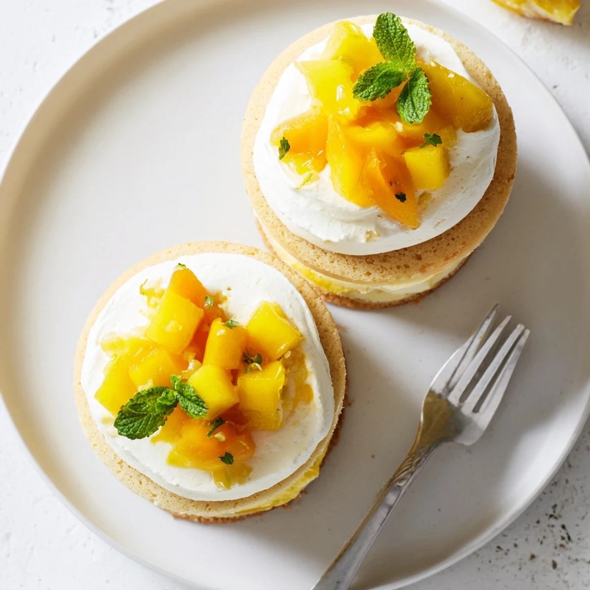 Golden mini mango yuzu Chantilly cake layers with fluffy cream, fresh mango chunks, and mint garnish on white plate