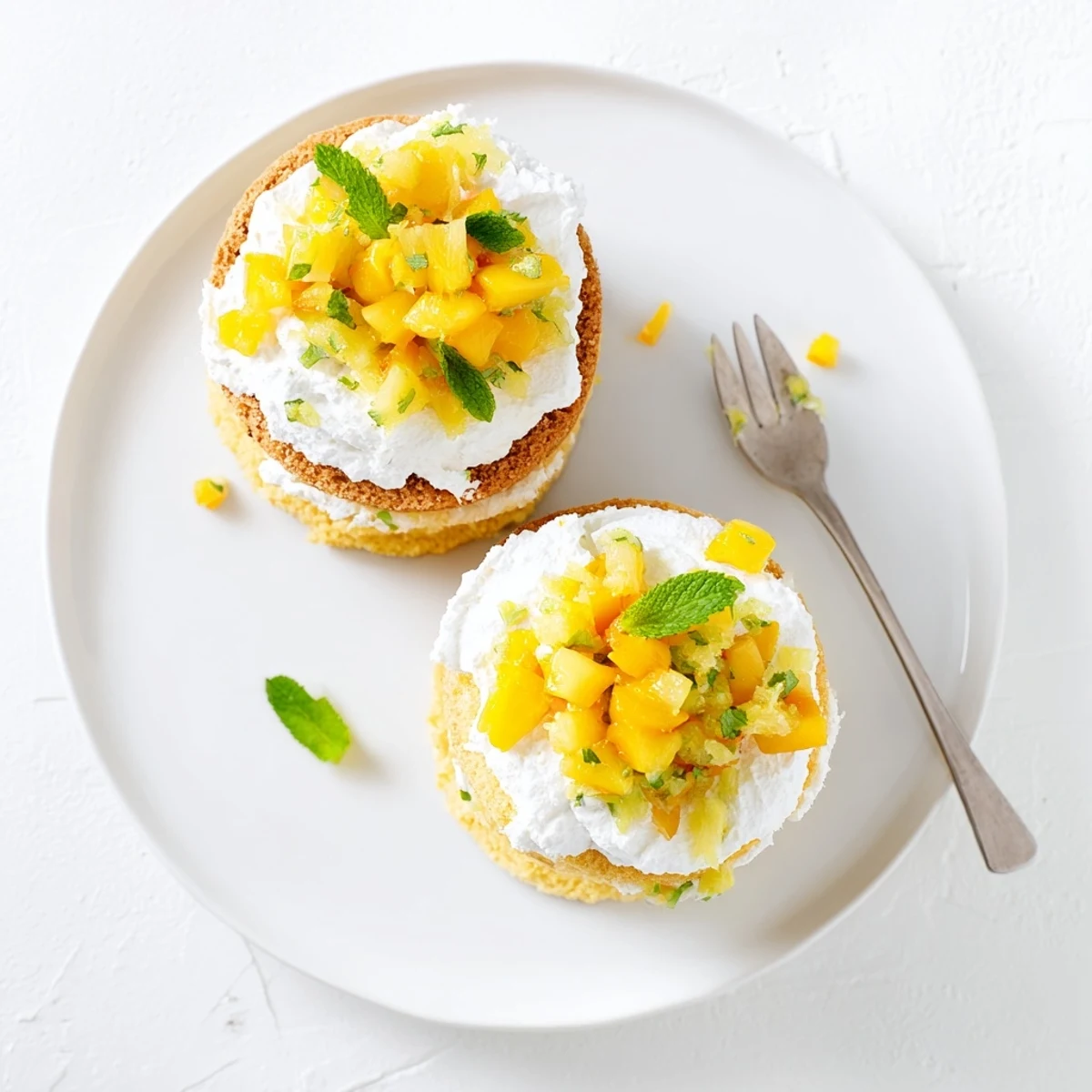 Small round mango yuzu Chantilly cake featuring sponge layers, bright yellow curd, and edible flower topping