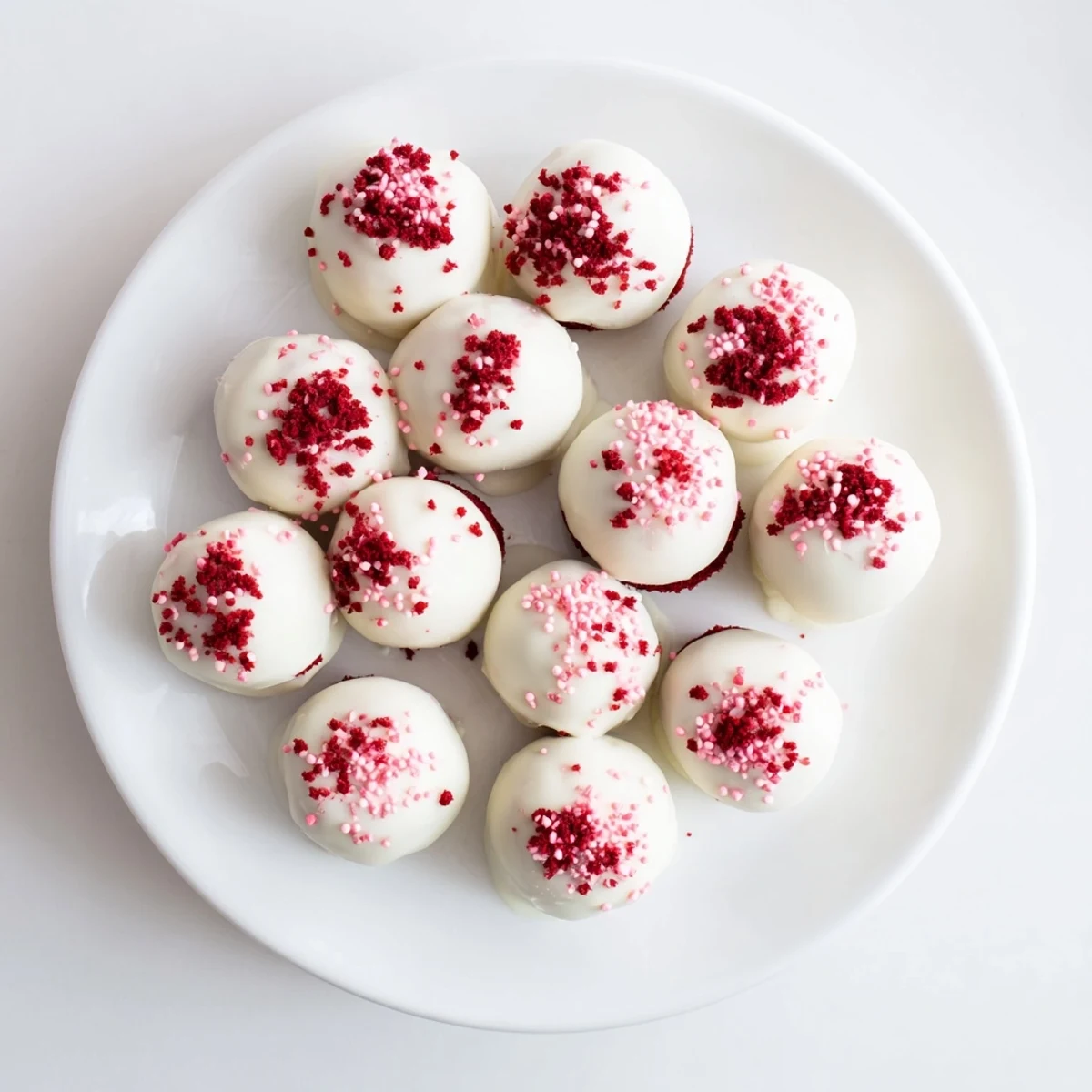 Bite-sized red velvet cake truffles coated in smooth white chocolate with colorful sprinkles on a white plate