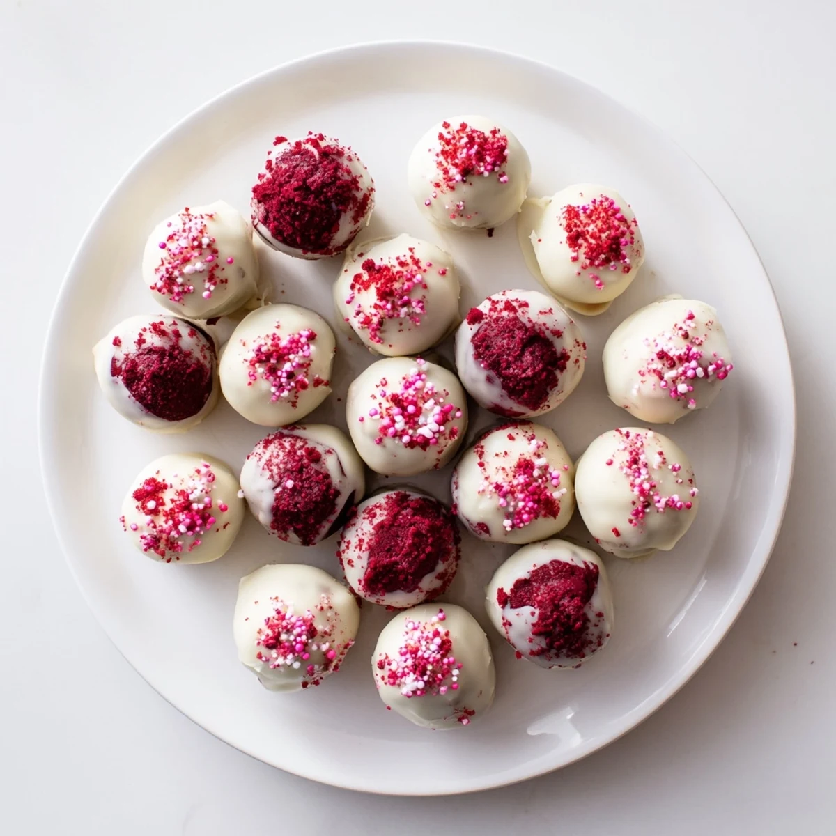 Decadent easy red velvet cake truffles featuring cream cheese filling and dipped in melted white chocolate
