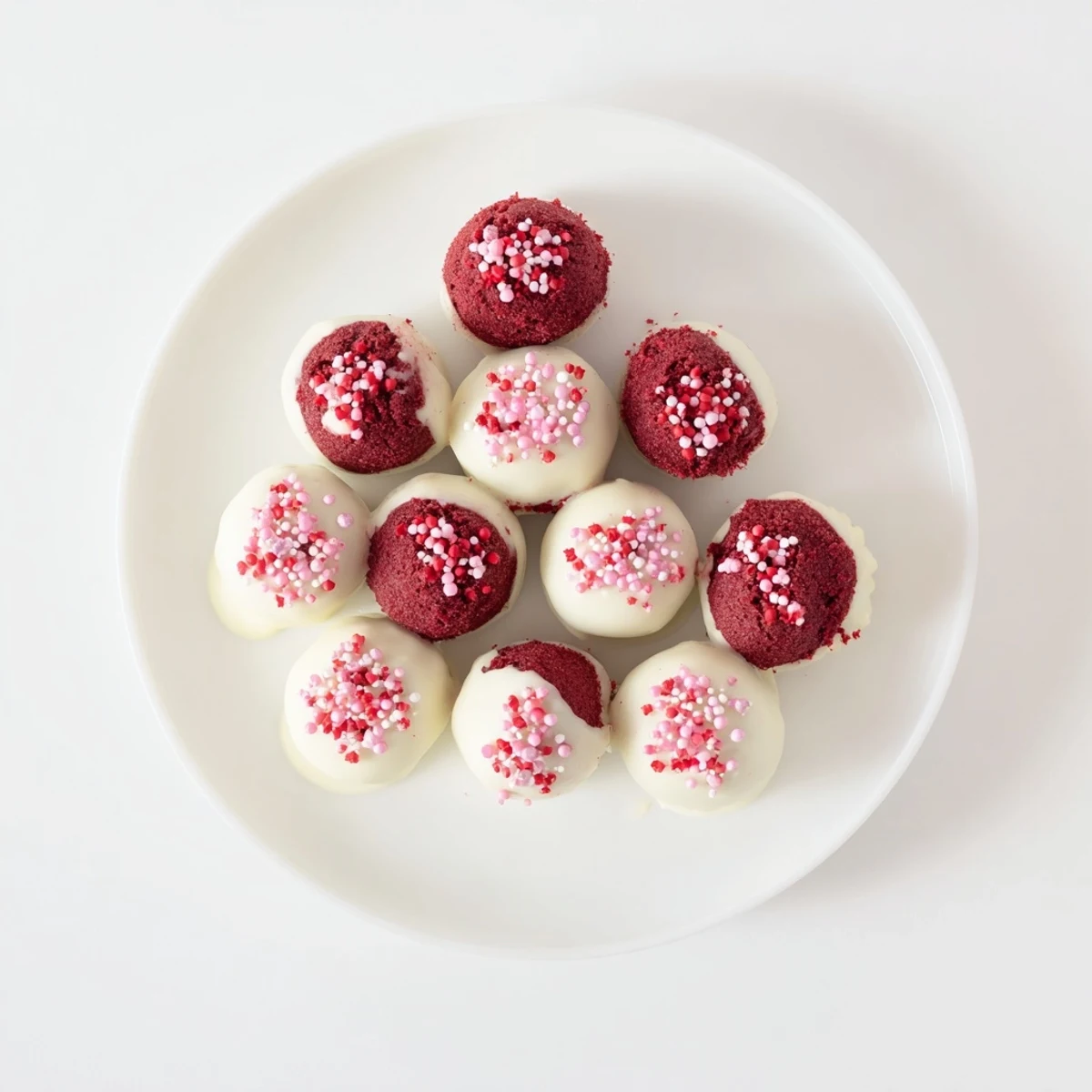 Hand-rolled red velvet cake truffles ready for serving with white chocolate drizzle and festive red sprinkles