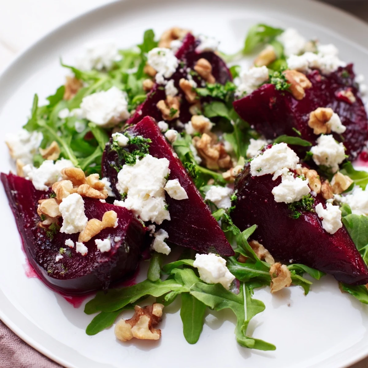 Vibrant ultimate beet salad featuring tender beets arugula red onion and tangy balsamic vinaigrette dressing