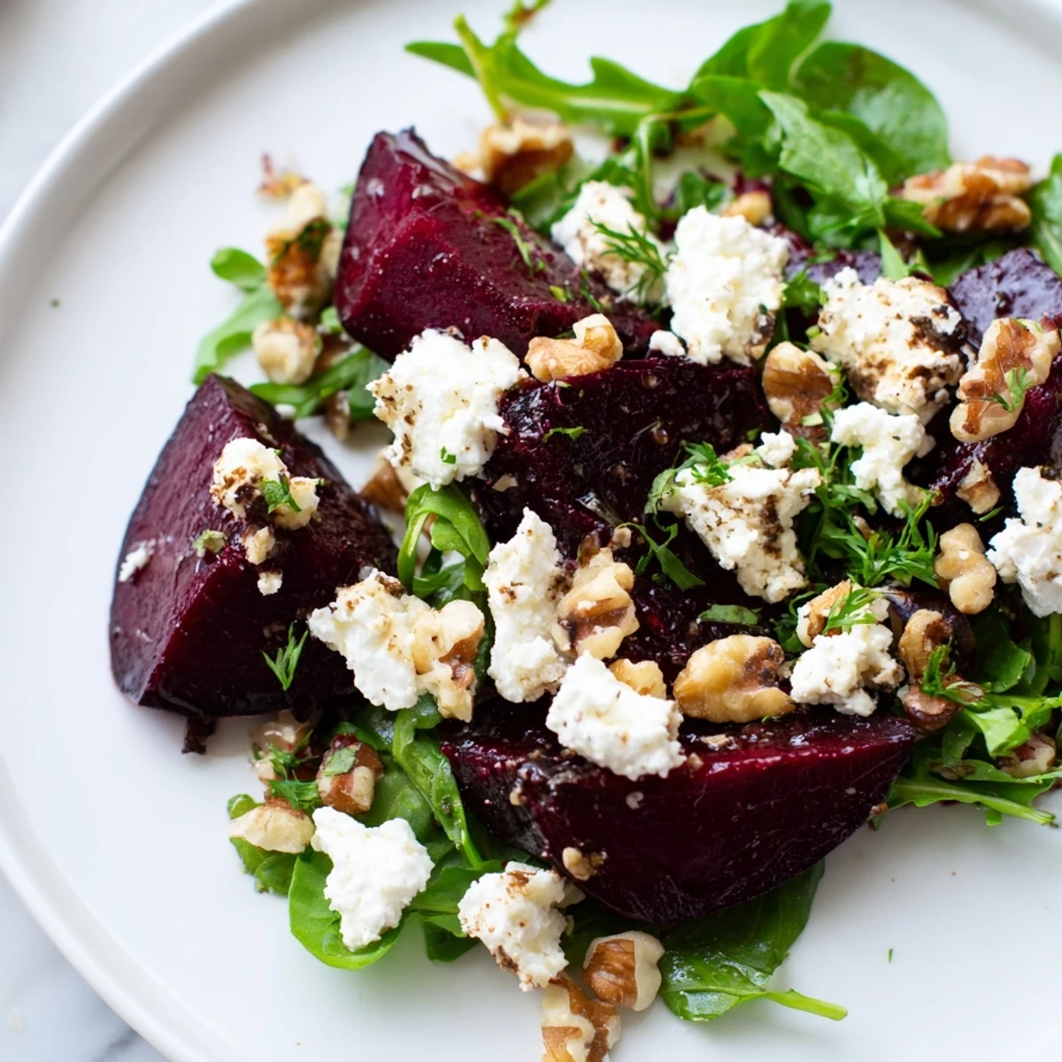 Colorful plated salad with roasted red beets creamy goat cheese chopped walnuts and fresh green herbs