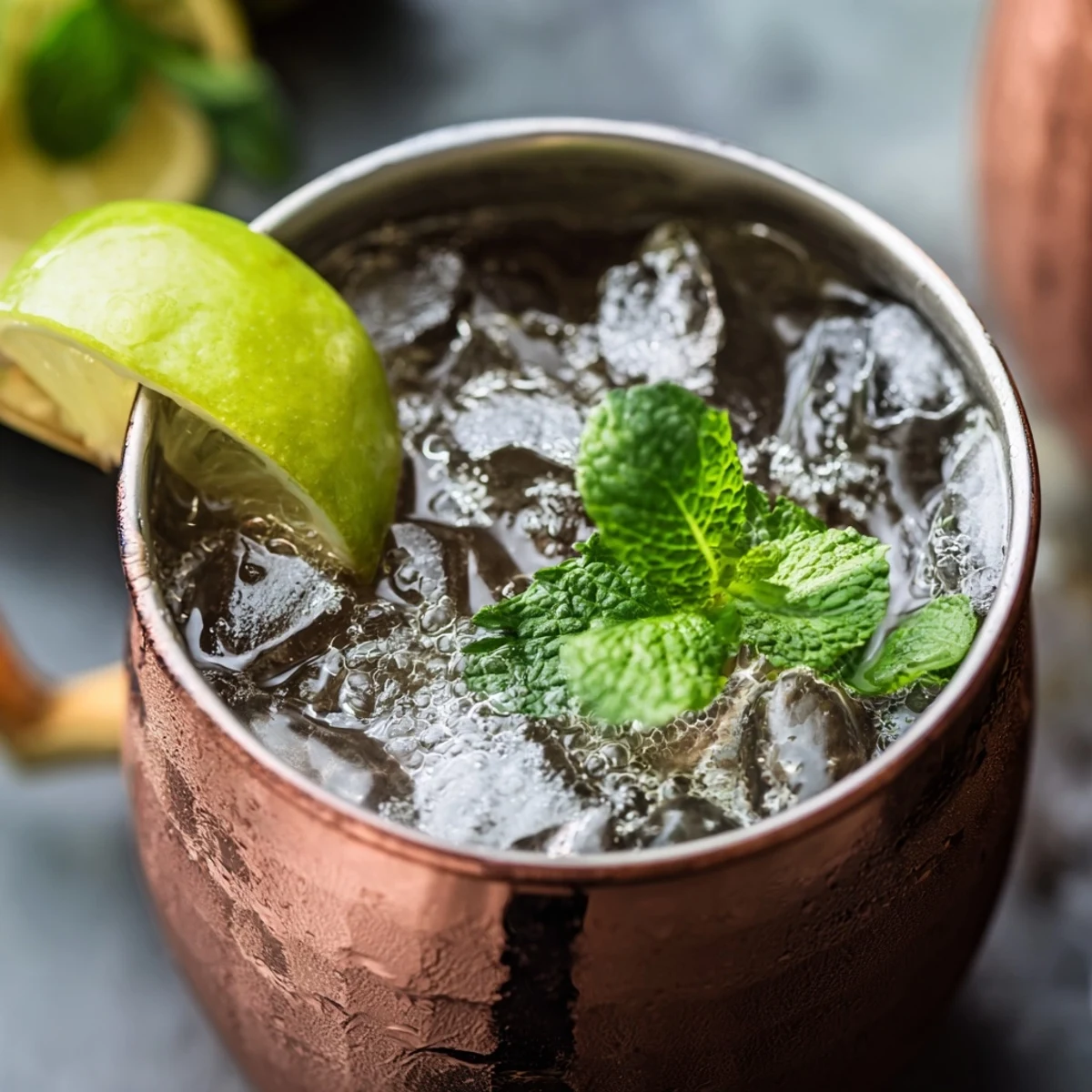 Refreshing Virgin Moscow Mule mocktail with ginger beer, lime garnish, and floating mint sprig